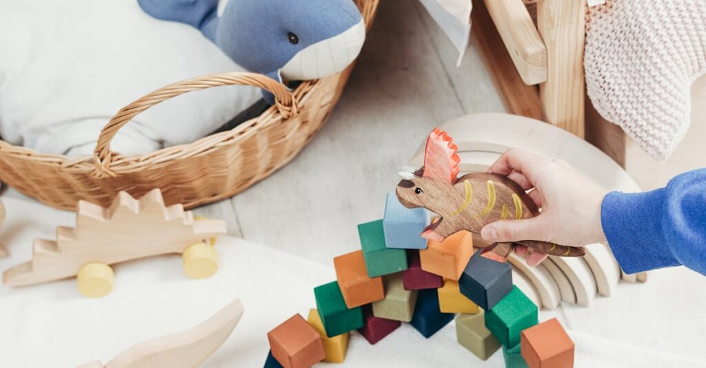 Cozy playroom featuring colorful wooden blocks and toys, enhancing creativity.