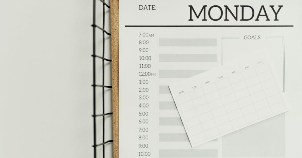 Top view of a minimalist schedule planner with Monday header. Perfect for organizing daily tasks with goals section.