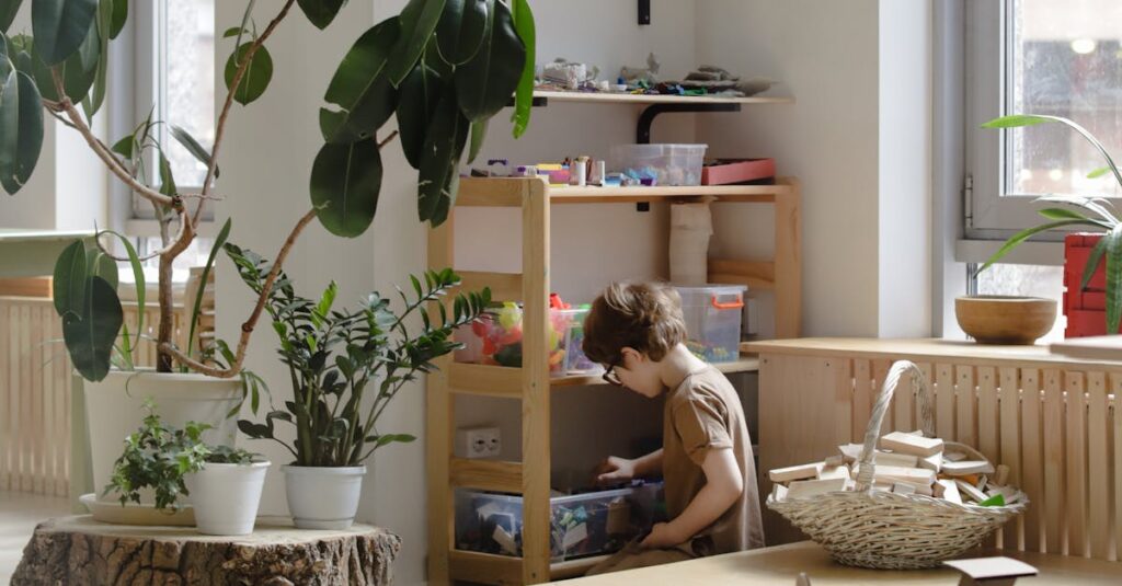 Child playing in a bright playroom with toys and plants.